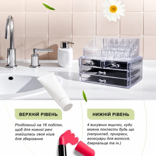 УЦЕНКА! Настольный органайзер для косметики на 20 отделений с 4 выдвижными ящиками, прозрачный, 24×15×18,6 см (Надбит корпус 3606)
