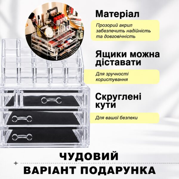 УЦЕНКА! Настольный органайзер для косметики на 20 отделений с 4 выдвижными ящиками, прозрачный, 24×15×18,6 см (Надбит корпус 3606)
