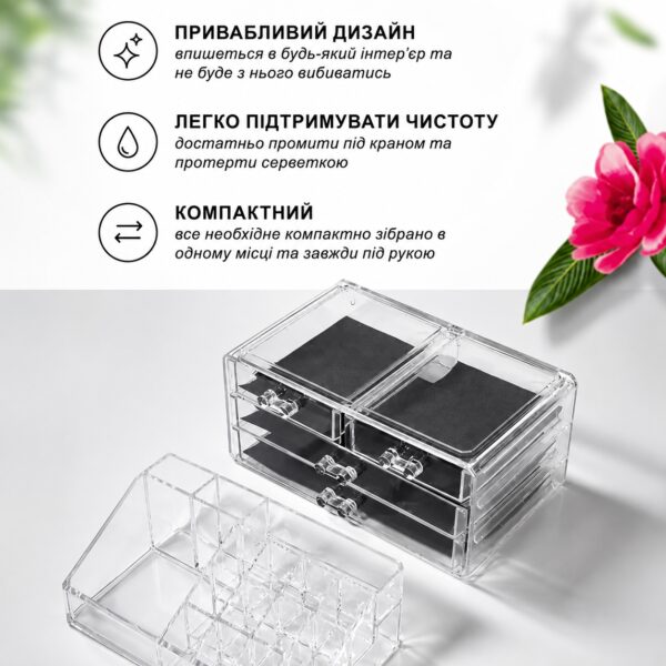 УЦЕНКА! Настольный органайзер для косметики на 20 отделений с 4 выдвижными ящиками, прозрачный, 24×15×18,6 см (Надбит корпус 3606)