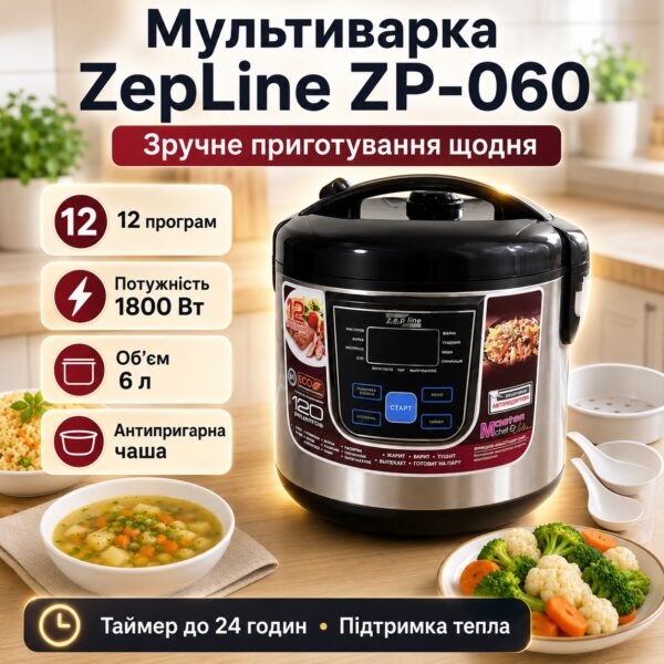 УЦЕНКА! Мультиварка на 12 программ, 6 л, 1800 Вт, LED-дисплей, антипригарная чаша, ZepLine ZP-060, Черная(Вмятина на корпусе 3610)