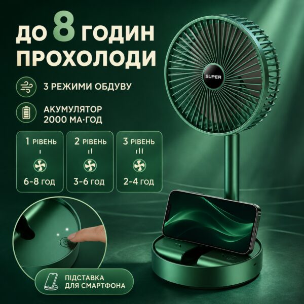 УЦЕНКА! Складной аккумуляторный мини-вентилятор с USB-зарядкой XL 908 зеленый (Плохая упаковка 3621)