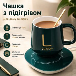 УЦЕНКА! Чашка керамическая темно-зеленая с подставкой - подогревом и ложечкой в упаковке-пакете (Плохая упаковка, нет крышки 3637)