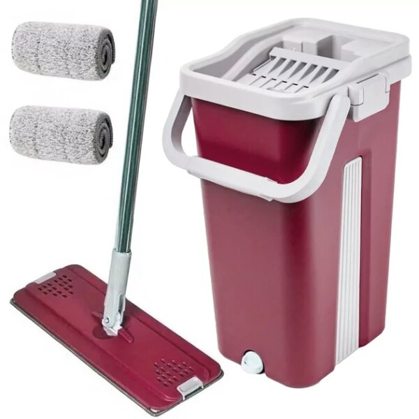 Швабра с ведром 11л с автоматическим отжимом + 2 насадки, Cleaning Mop, Бордовая Комплект для уборки швабра