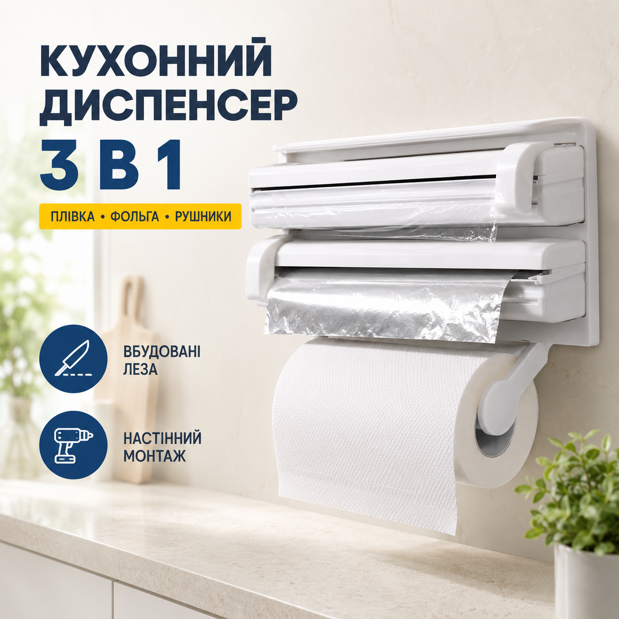 Кухонный диспенсер держатель полотенец пищевой пленки и фольги органайзер для кухни Triple Paper Dispenser