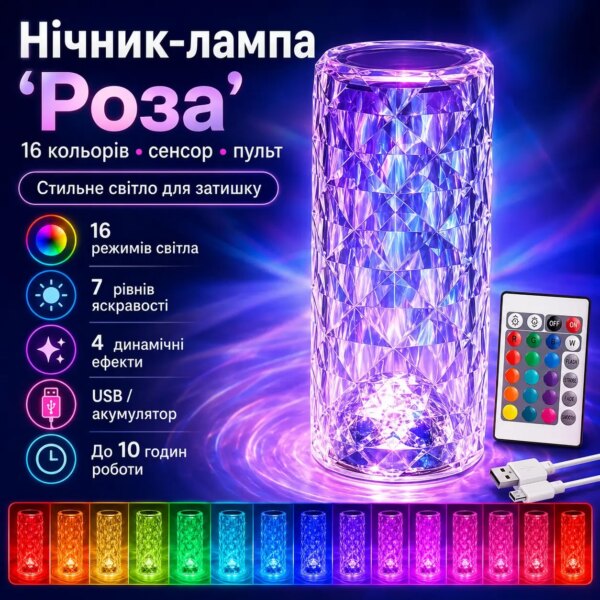 УЦЕНКА! Настольная аккумуляторная лампа с пультом 22см ночник Роза RGB Crystal Rose.(Трещина на корпусе 3708)