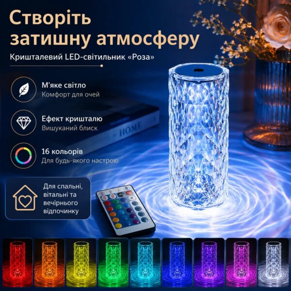 УЦЕНКА! Настольная аккумуляторная лампа с пультом 22см ночник Роза RGB Crystal Rose.(Трещина на корпусе 3708)