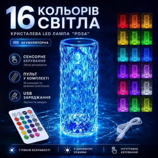 УЦЕНКА! Настольная аккумуляторная лампа с пультом 22см ночник Роза RGB Crystal Rose.(Трещина на корпусе 3708)