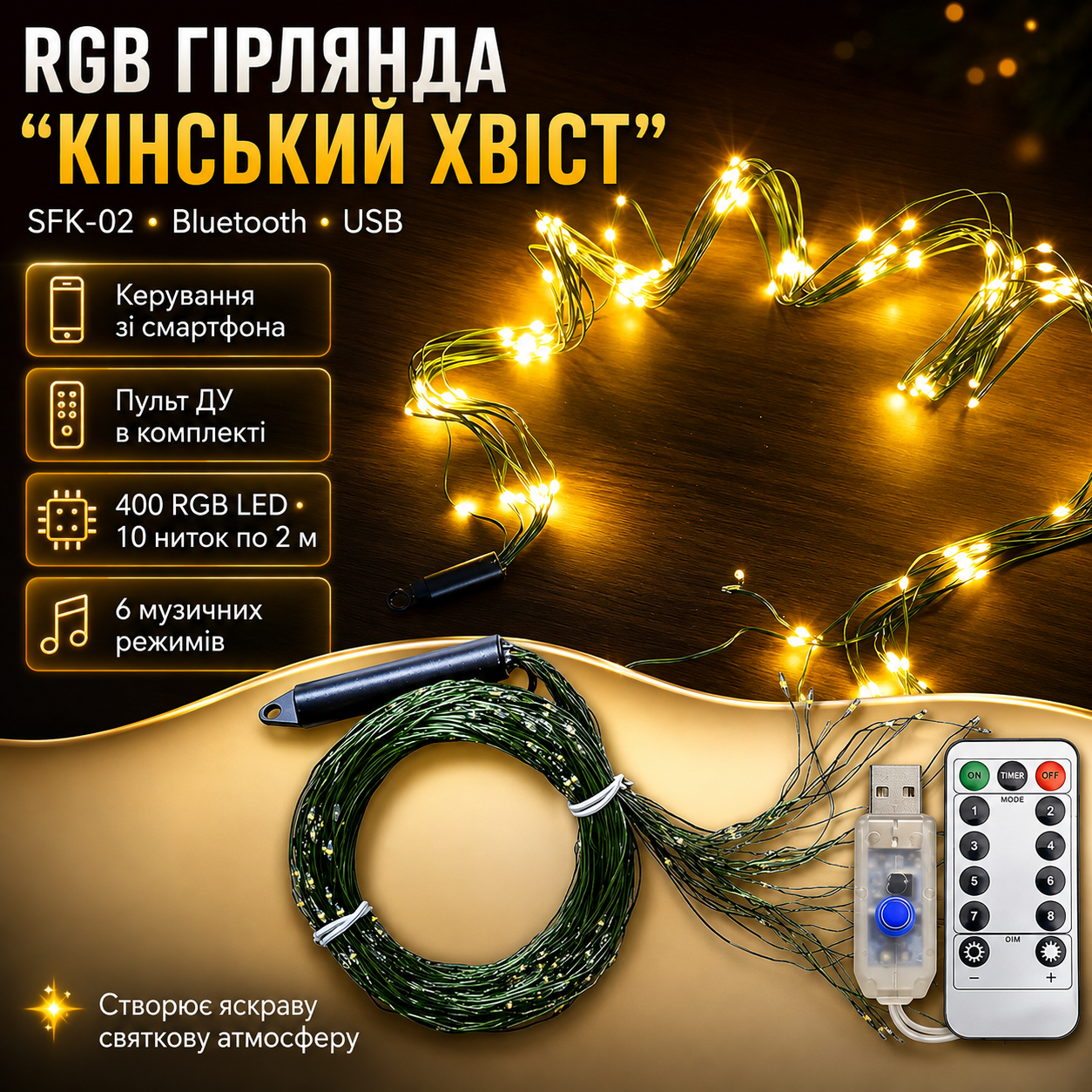 УЦЕНКА! USB Гирлянда "Конский хвост" 2 метра 30 нитей 8 режимов свечения Теплый белый (Нет упаковки 3668)