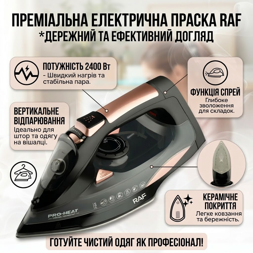 УЦЕНКА! Электрический утюг с керамической подошвой и резервуаром 350 мл RAF R.1388 2400W (Повреждение корпуса 3670)