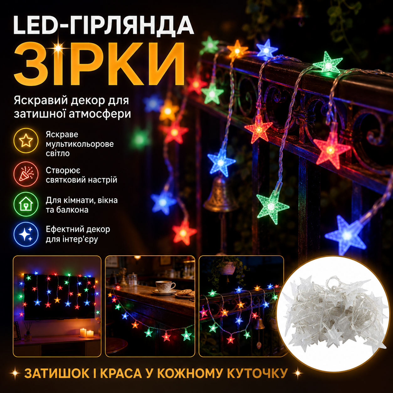 УЦЕНКА! Декоративная светодиодная LED-гирлянда «Звезды» с разноцветным свечением для комнаты, окна, стены (Плохая упаковка 3681)
