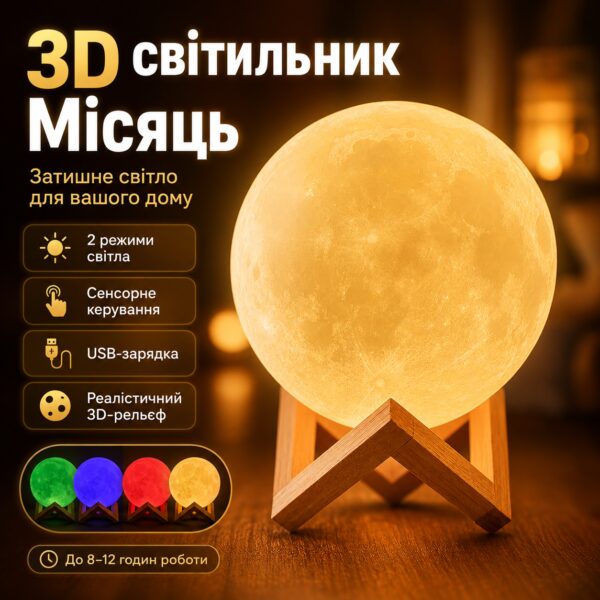 УЦЕНКА! Светильник-ночник 3D слой Луна Moon Lamp на деревянной подставке 15 см (Плохая упаковка 3696)