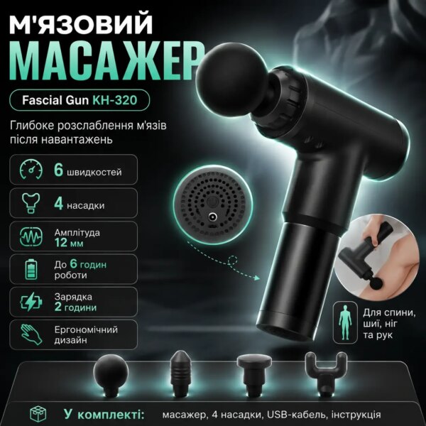 УЦЕНКА! Портативный массажер для тела и 4 насадки, от USB, Fascial Gun KH-320, Черный / Ручной мышечный (Плохая упаковка 3802)