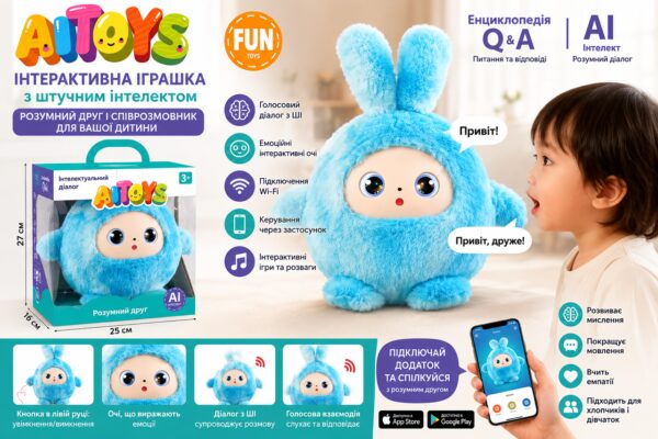 Интерактивная мягкая игрушка BB1882F-89 синяя с искусственным интеллектом Говорящая AI-игрушка с LED-глазами для детей