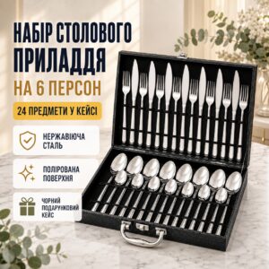 Набор столовых приборов из нержавеющей стали, 24 предмета, в кейсе, Черный / Набор для сервировки / Столовые приборы в чемодане