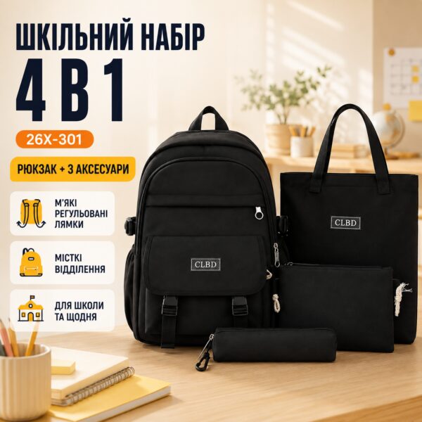 Детский школьный рюкзак 26X-301 черный 4 в 1 с пеналом, сумкой и шоппером Школьный набор 26X-301 4 в 1 рюкзак
