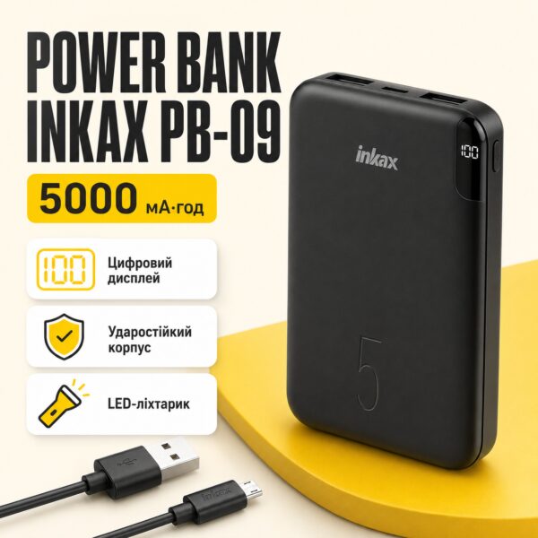 Портативное зарядное устройство Inkax PB-09 AmmuNation 5000mAh LED индикатор Li-Ion, Micro/Type-C, USB-A, универсальная батарея