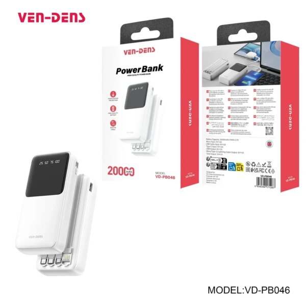 Внешний аккумулятор 20000mAh с кабелями (Lightning, Type-C, Micro) Ven-Dens VD-PB046, Белый / Повербанк / Внешний аккумулятор Де