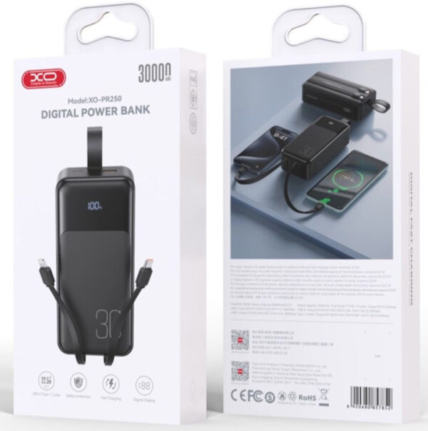Power bank XO PR250 30000 mAh PD20W+QC22.5W с быстрой зарядкой, дисплеем и кабелями Black