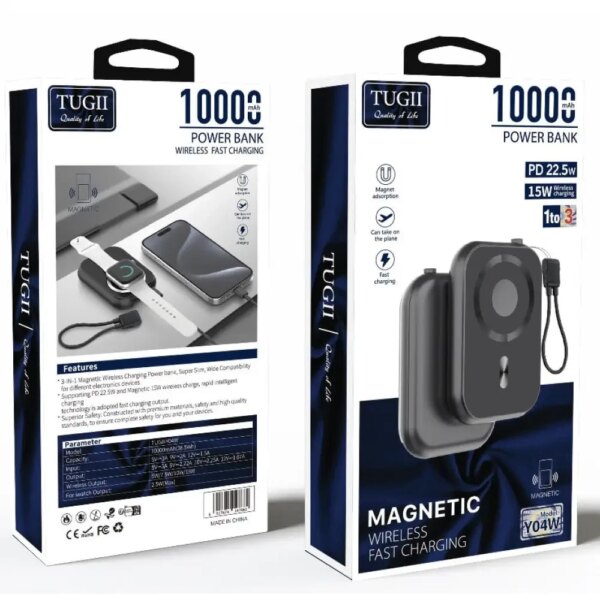 Внешний аккумулятор (power bank) 10000мАч PD 20Вт QC 22,5Вт 38Вт*ч 3 в 1 MagSafe TUGII Y04W