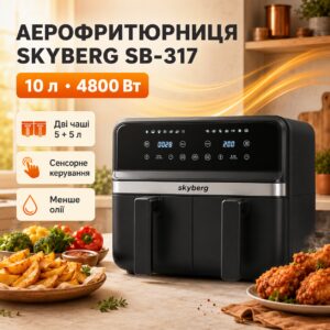 Двухкамерная аэрофритюрница Skyberg SB-317 10 л 4800 Вт 2 корзины, сенсорное управление