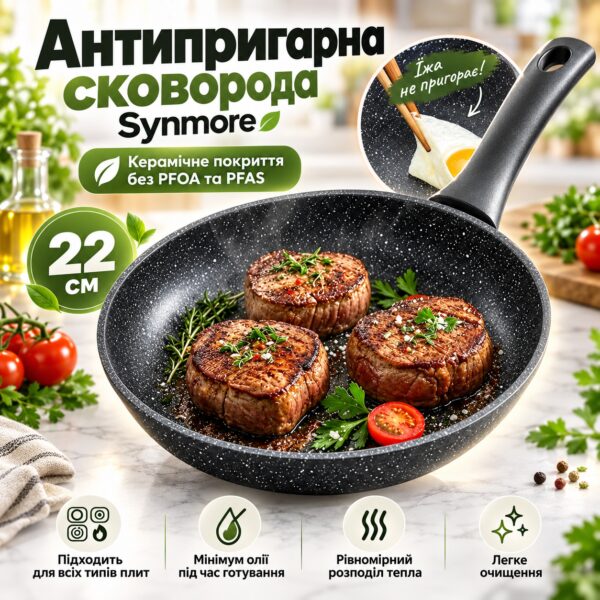 Антипригарная сковорода Synmore 22 см с керамическим покрытием без PFOA и PFAS, для газовых и индукционных плит
