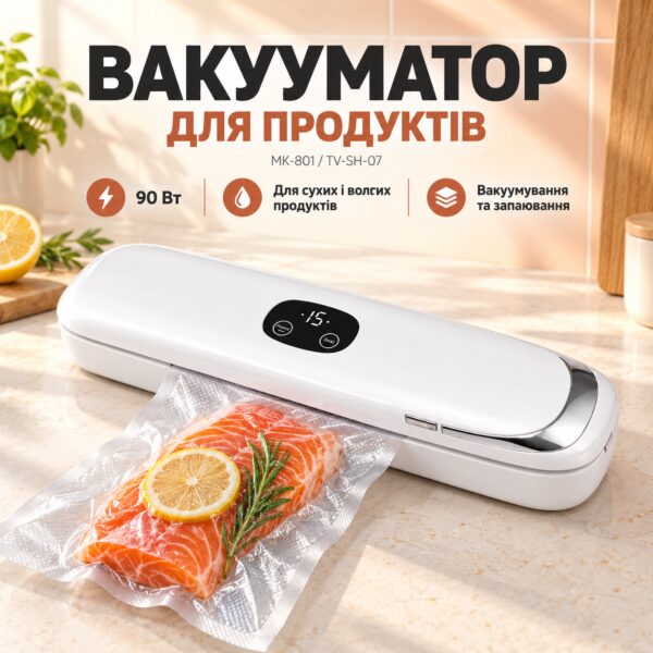 Вакууматор MK-801 90 Вт Вакуумный упаковщик TV-SH-07 для сухих и влажных продуктов с запайкой пакетов