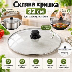 Крышка для сковороды 32 см, закаленное стекло, с отверстием для пара, Прозрачная / Крышка для кастрюли / Стеклянная крышка