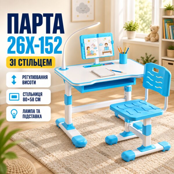 Детская парта-трансформер 26X-152 со стулом, LED лампой и подставкой для книг, 80×58 см, синяя