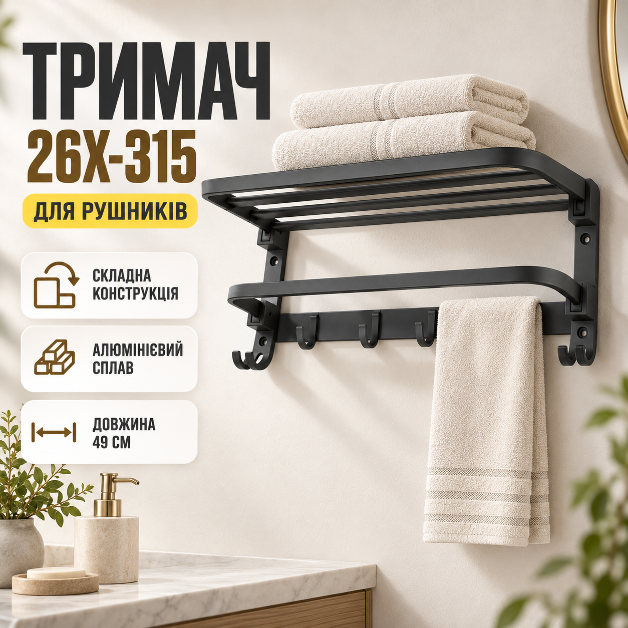 Сложный полотенцедержатель с крючками, 49см, 26X-315, Черный / Вешалка для полотенец / Держатель настенный