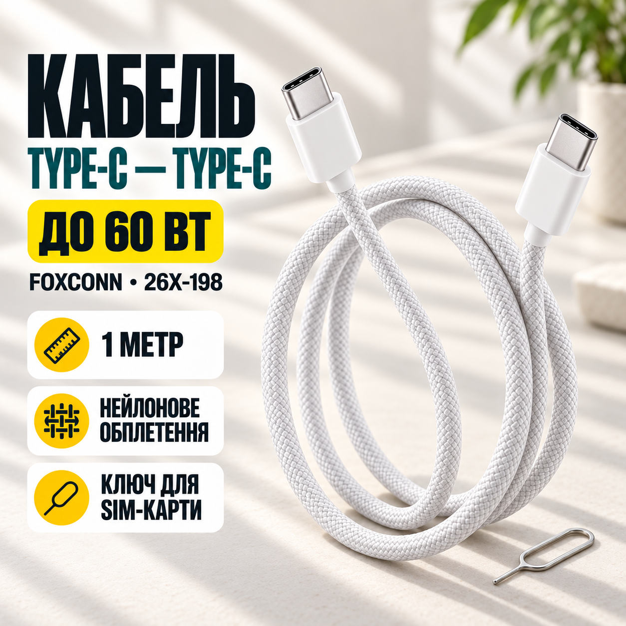 Кабель Type-C-Type-C 60W тканевый 1м для быстрой зарядки iPhone 17 Pro Max + ключ для SIM-карты White 26X-198