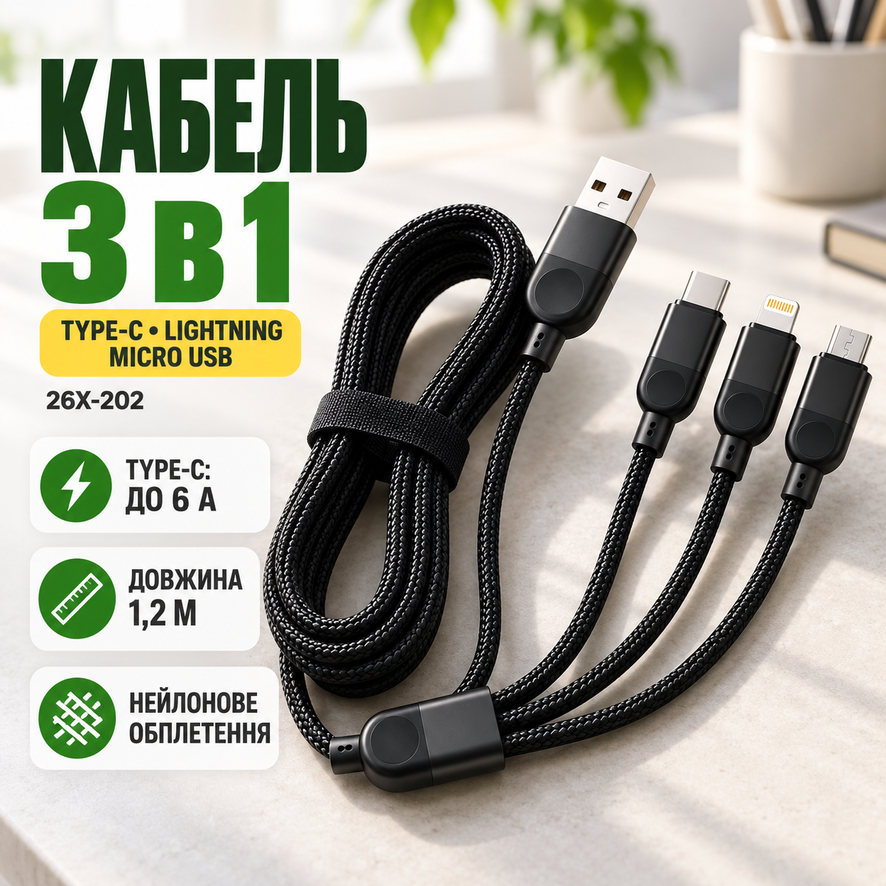 Кабель 3 в 1 для зарядки USB с разъемами Type-C, Lightning и Micro USB / Кабель быстрая зарядка до 6A 26X-202