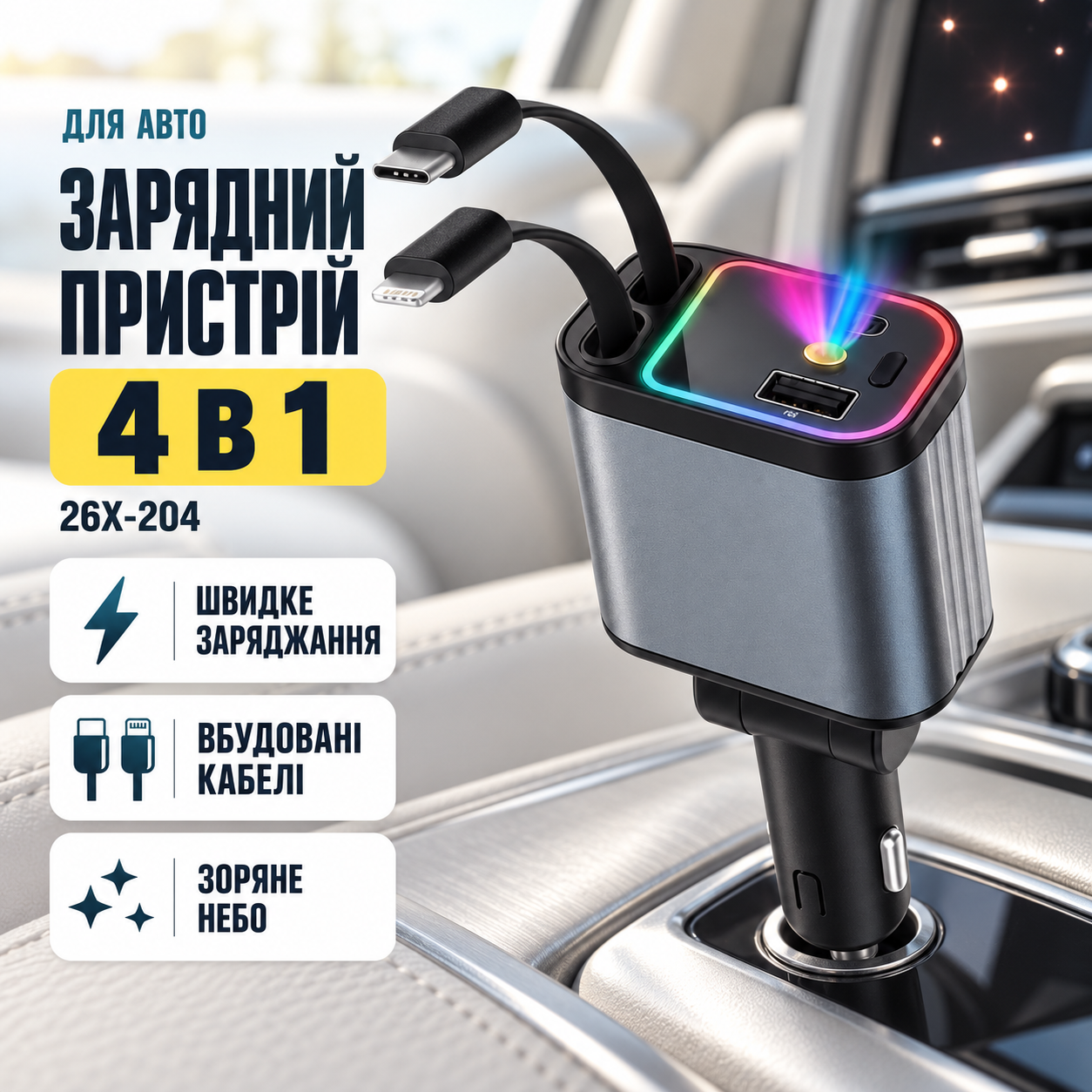 Автомобильное зарядное устройство 4 в 1 с быстрой зарядкой, USB портами и подсветкой «Звездное небо» 26X-204