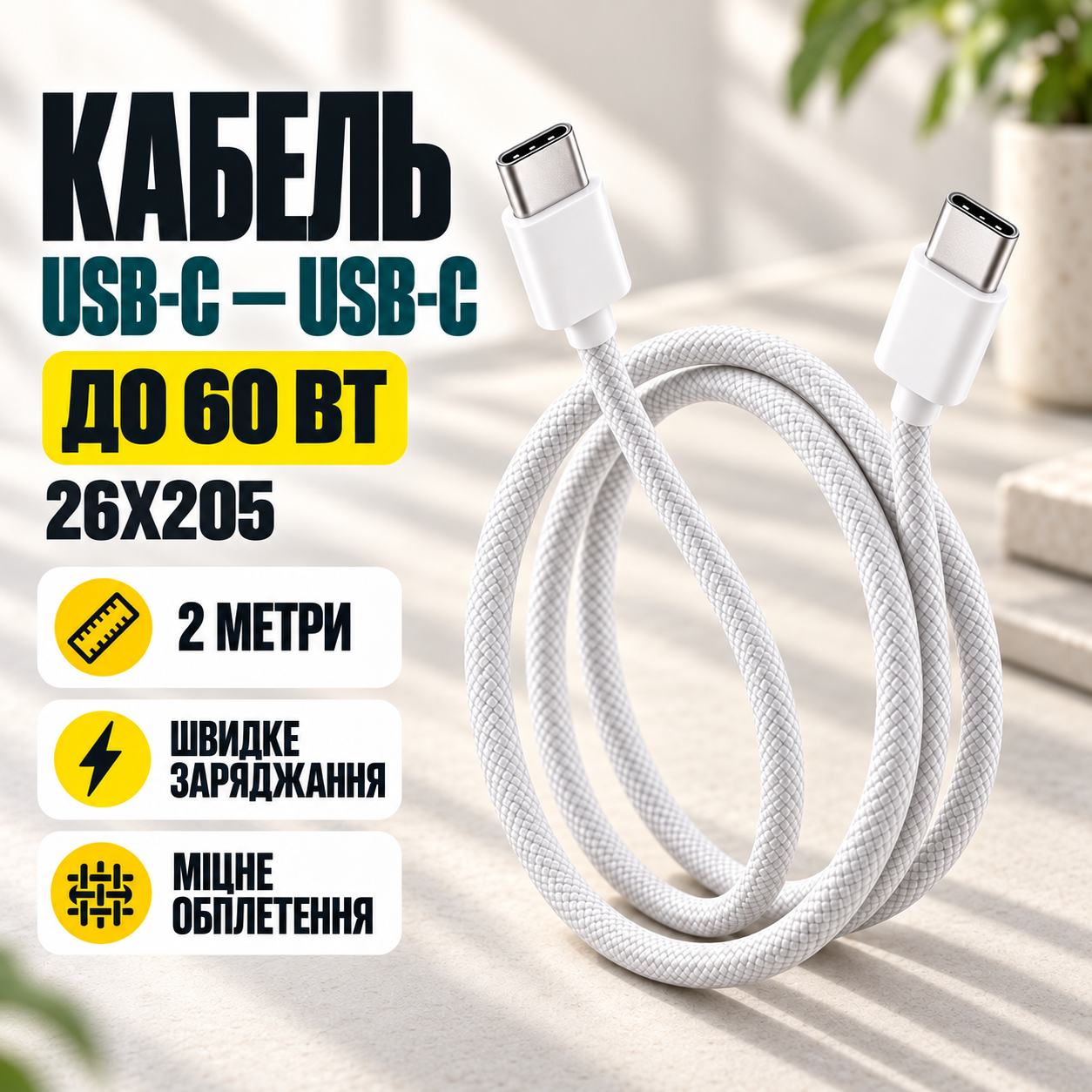 Кабель USB-C - USB-C 60W / Кабель 2 метра, для быстрой зарядки 26X205