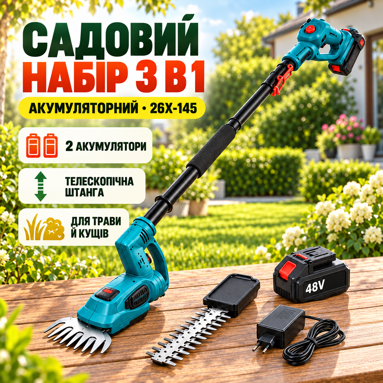 Аккумуляторный садовый инструмент 3 в 1 48V / Комплект с телескопической штангой, ножницами для травы и кусторезом, 2 АКБ