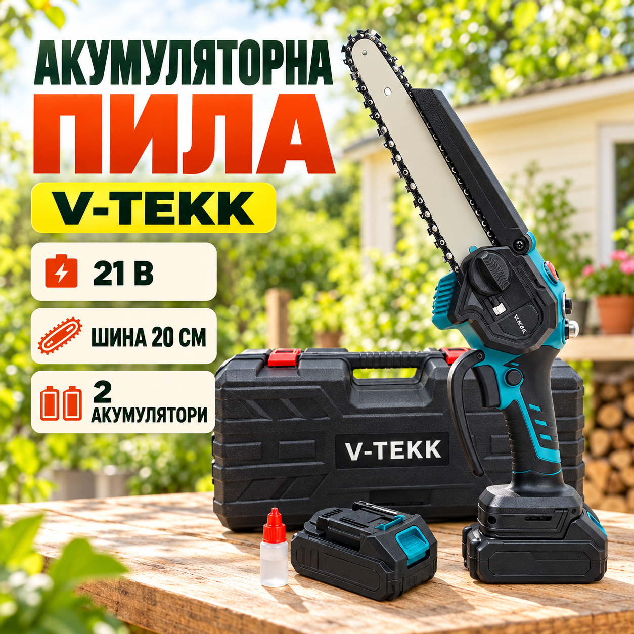 Аккумуляторная пила цепная на 8 дюймов V-Tekk + 2 аккумулятора пила минипила 3600 об/мин с функцией механической смазки + кейс