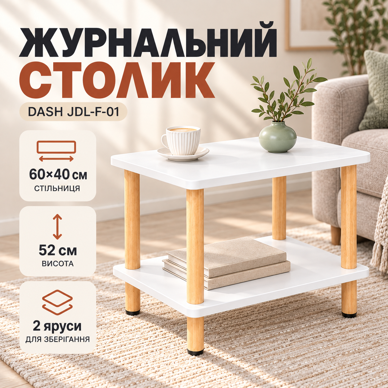 Белый Журнальный столик с полкой 40×60×52 см / Двухъярусный стол Dash JDL-F-01