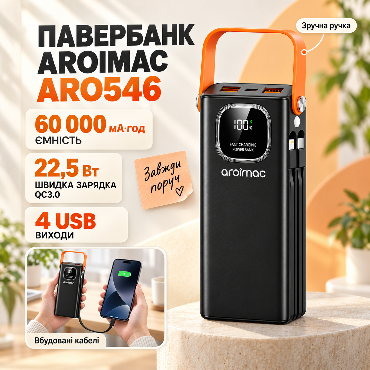Power Bank Aroimac ARO546 60000 mAh Black Портативное зарядное устройство Aroimac с быстрой зарядкой 22,5W Fast Charge QC3.0, 4 U